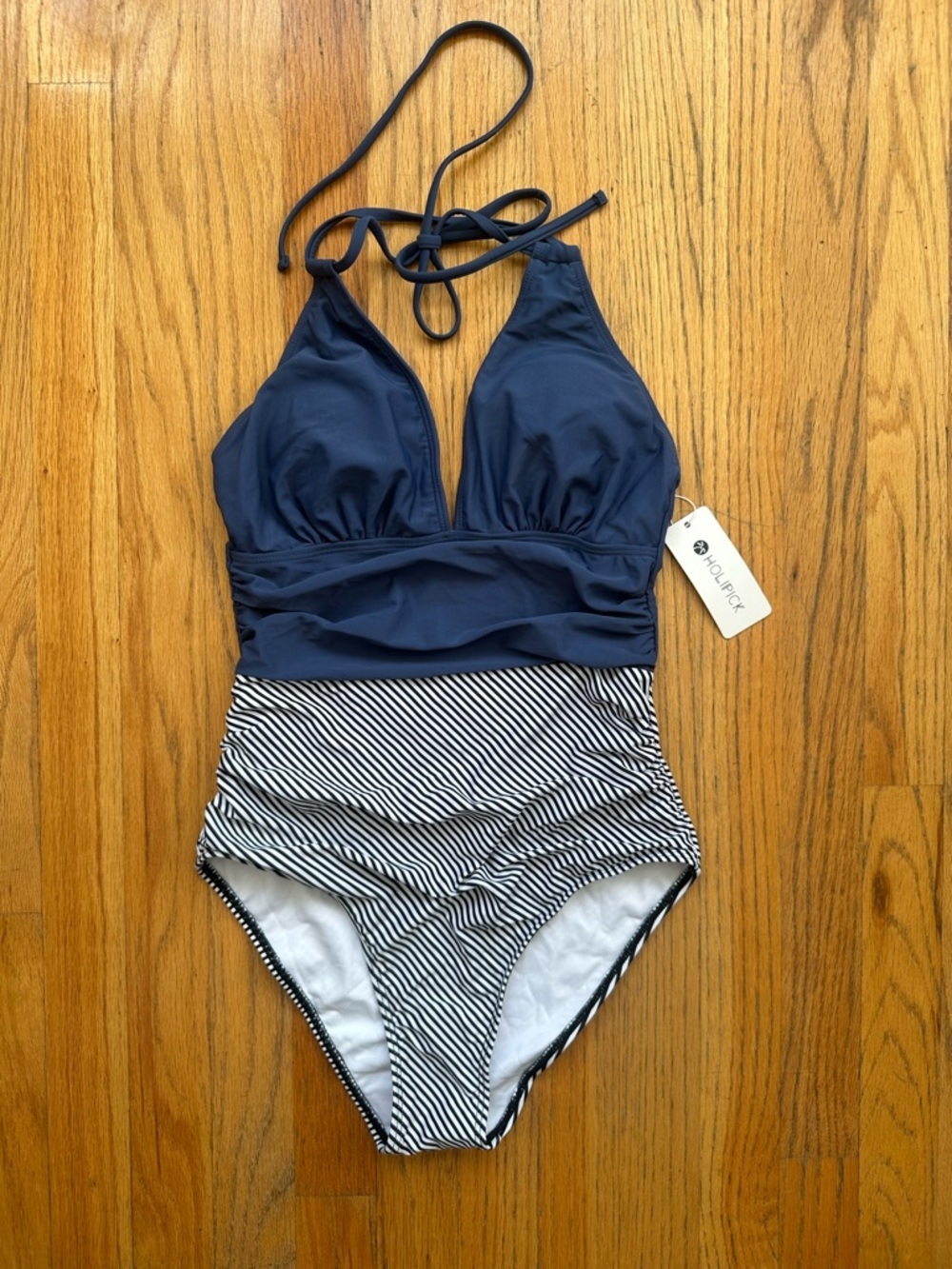 Holipick Navy Halter One-Piece with Striped Waist - Picture 5 of 8